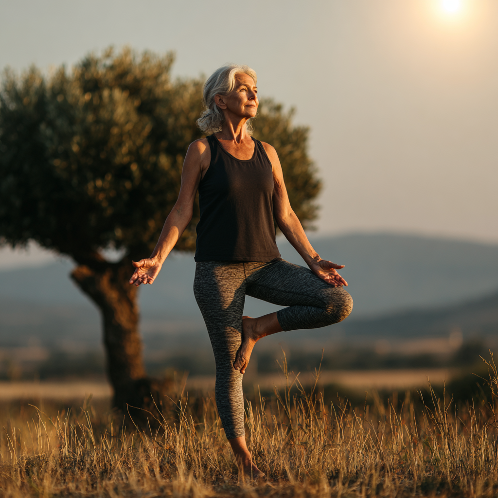 Жінка 55 років виконує асану дерева на природі, в м'якому ранковому світлі