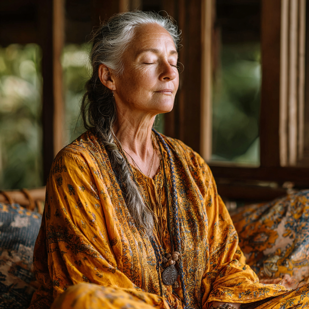 Жінка 58 років сидить в медитативній позі з прямою спиною, очі заплющені, на обличчі спокій та умиротворення
