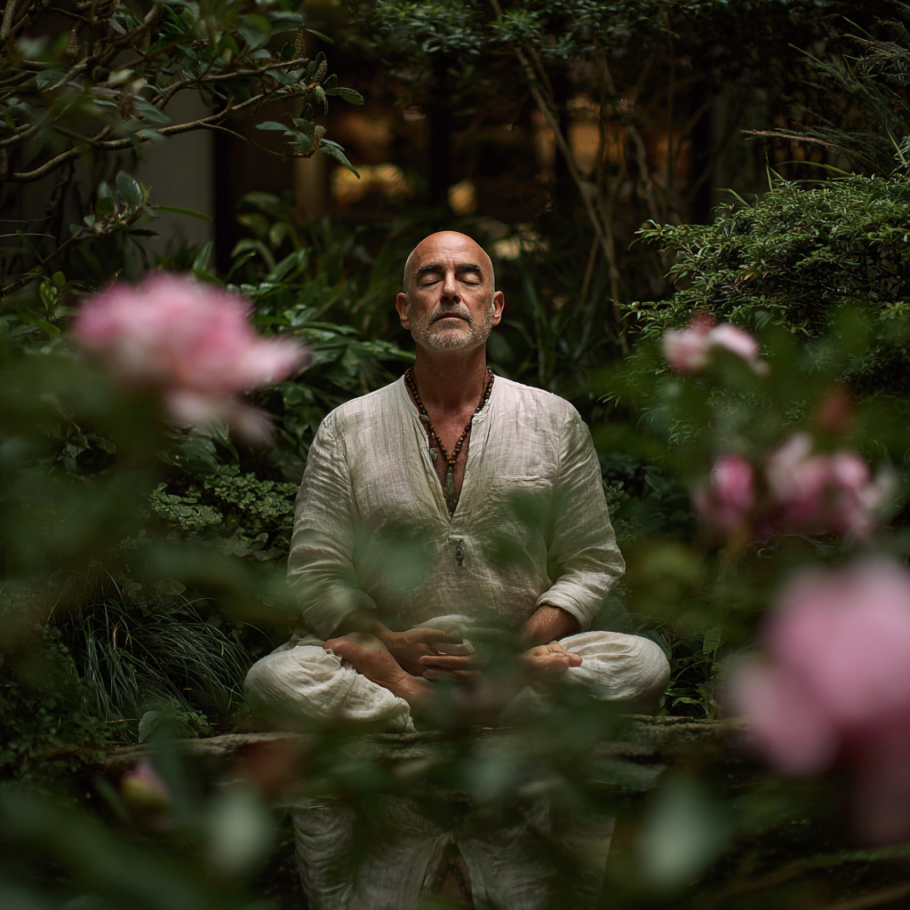 Чоловік 60 років медитує в позі лотоса серед зелені, з заплющеними очима та спокійним обличчям